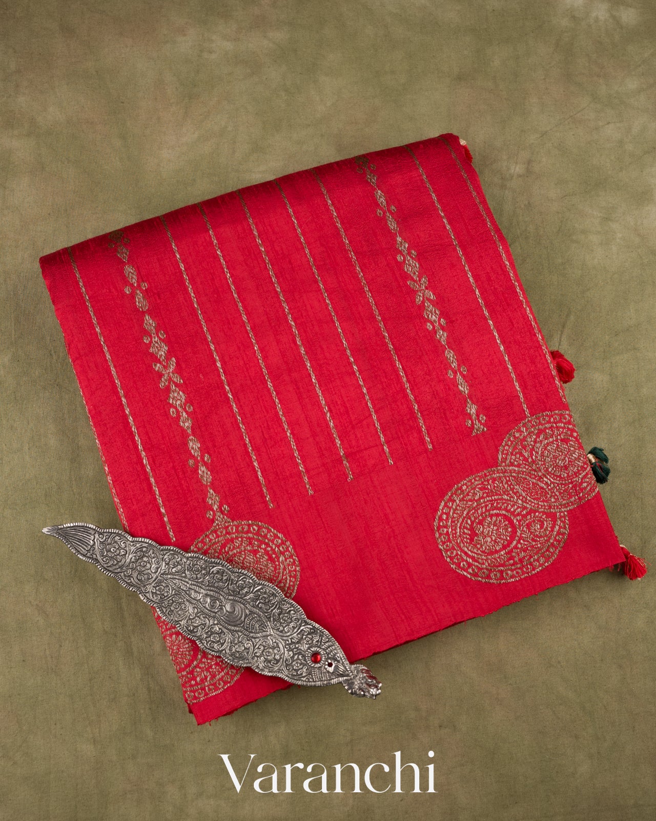 Ruby Red Striped Pure Raw Silk Handloom Saree