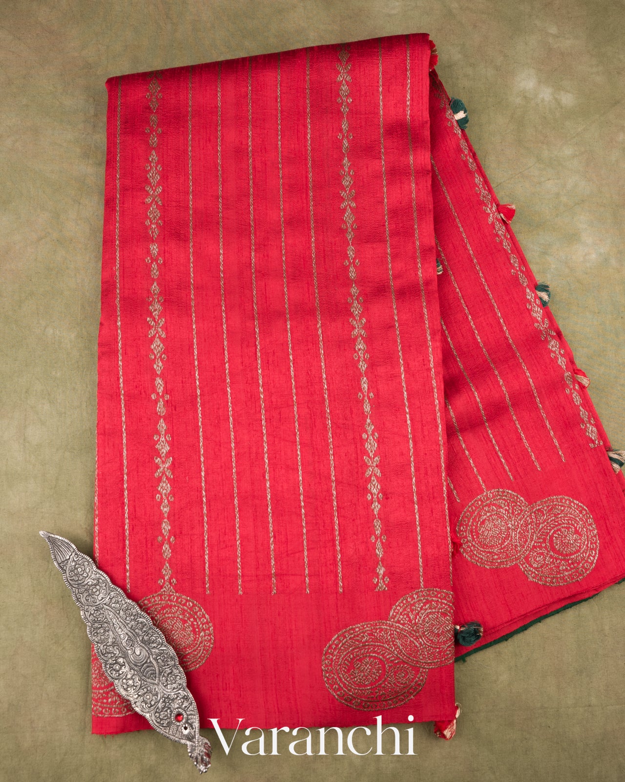 Ruby Red Striped Pure Raw Silk Handloom Saree