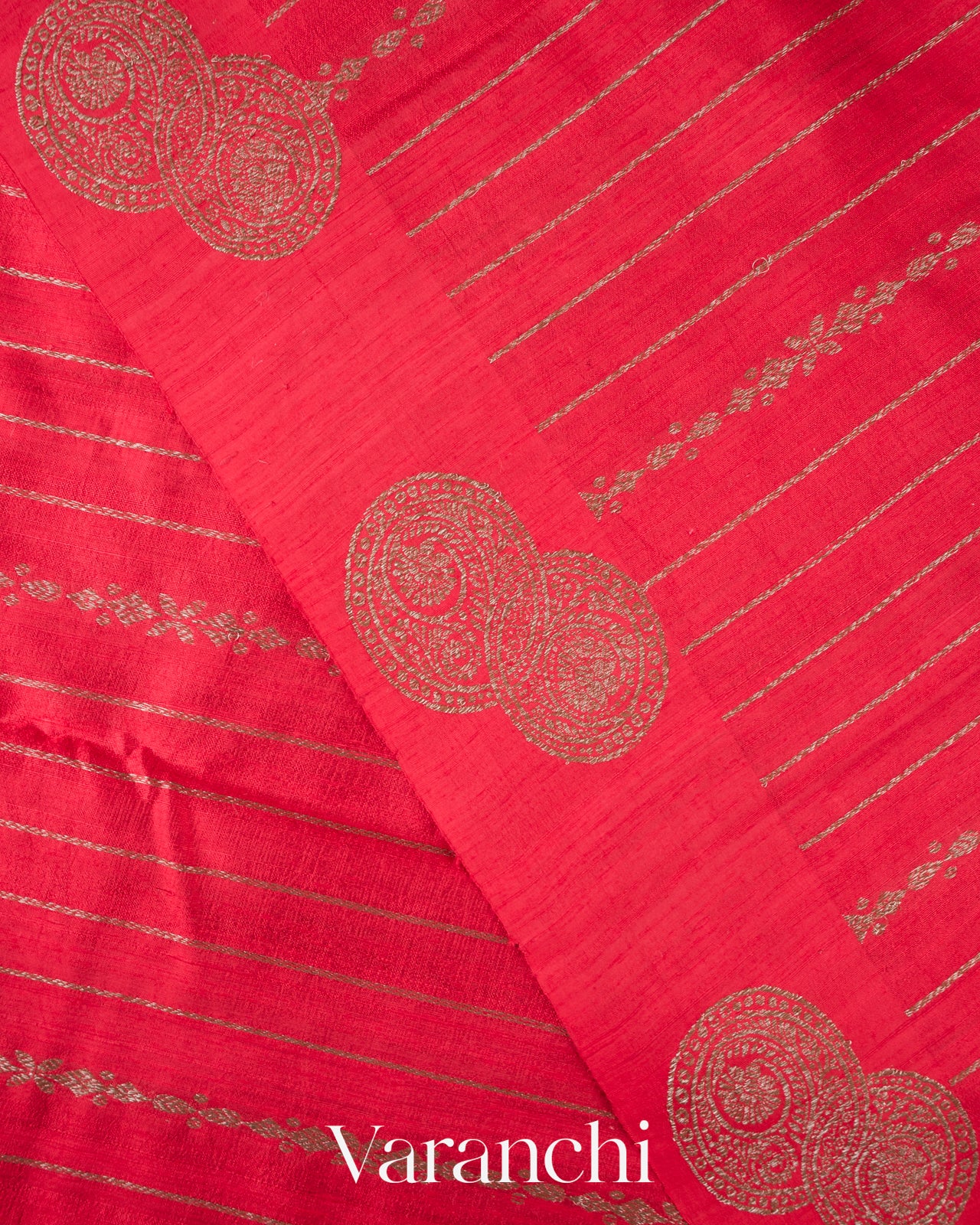 Ruby Red Striped Pure Raw Silk Handloom Saree
