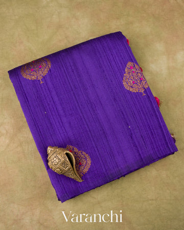 Royal Blue Violet Borderless Pure Raw Silk Handloom Saree
