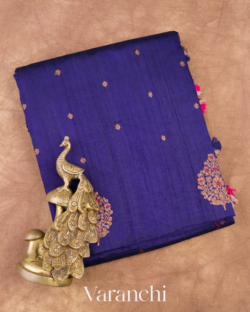 Royal Blue Borderless Pure Raw Silk Handloom Saree
