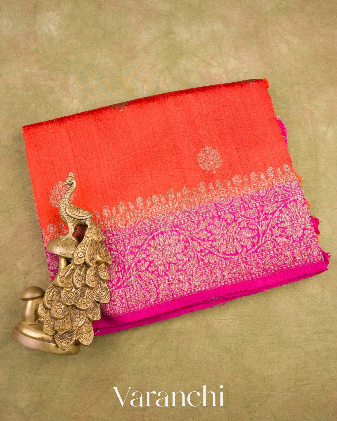Bright Orange Pure Raw Silk Handloom Saree