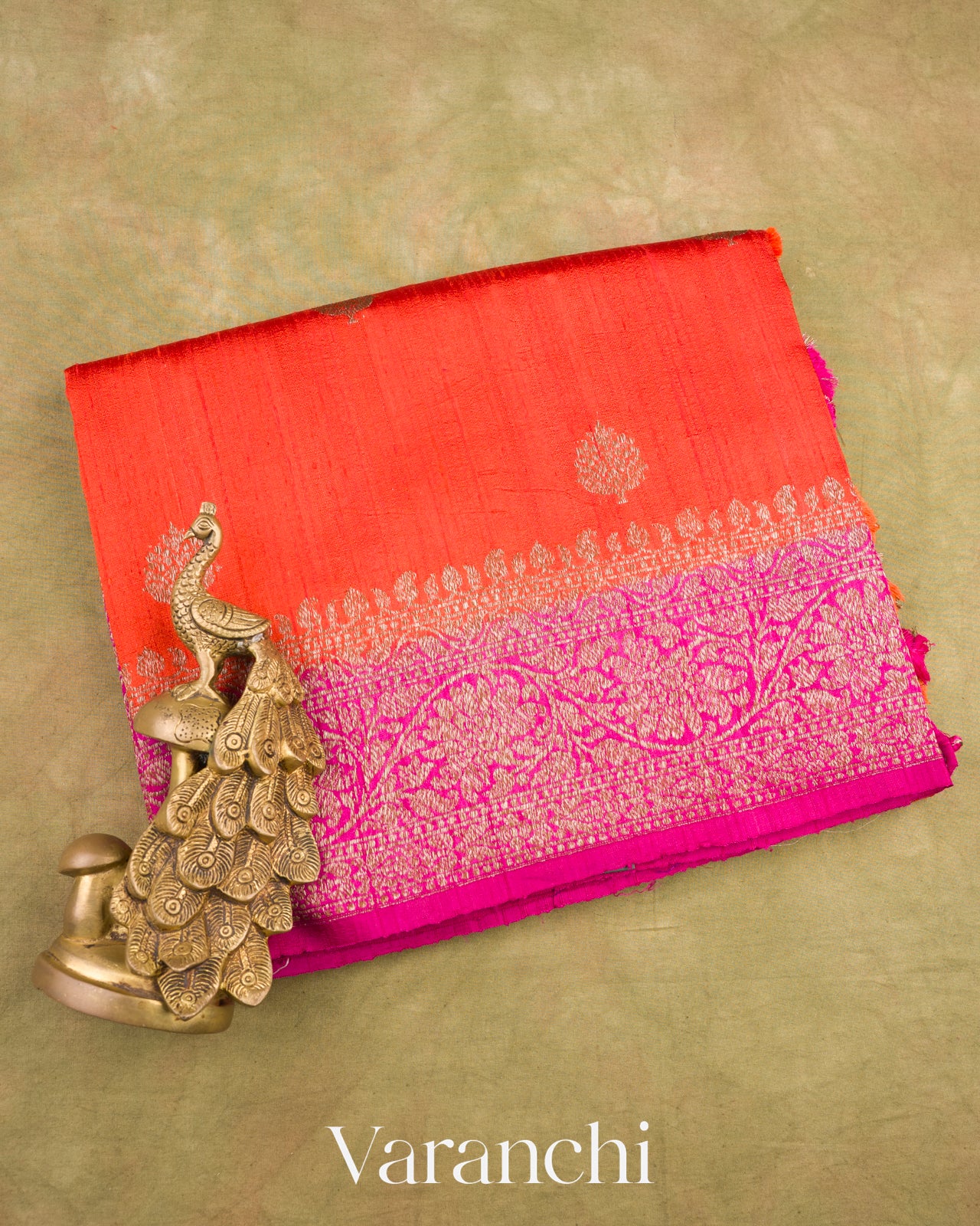 Bright Orange Pure Raw Silk Handloom Saree