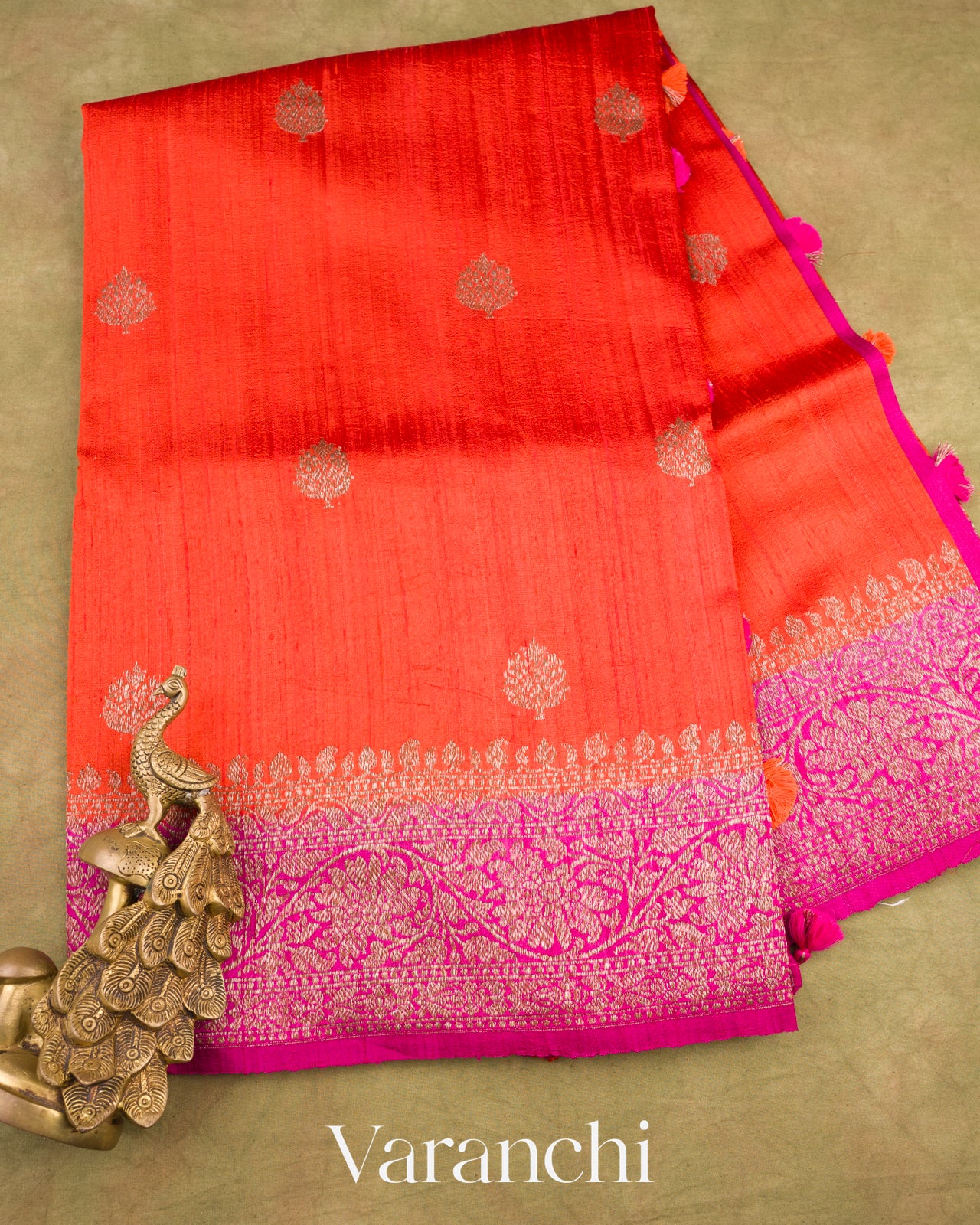 Bright Orange Pure Raw Silk Handloom Saree