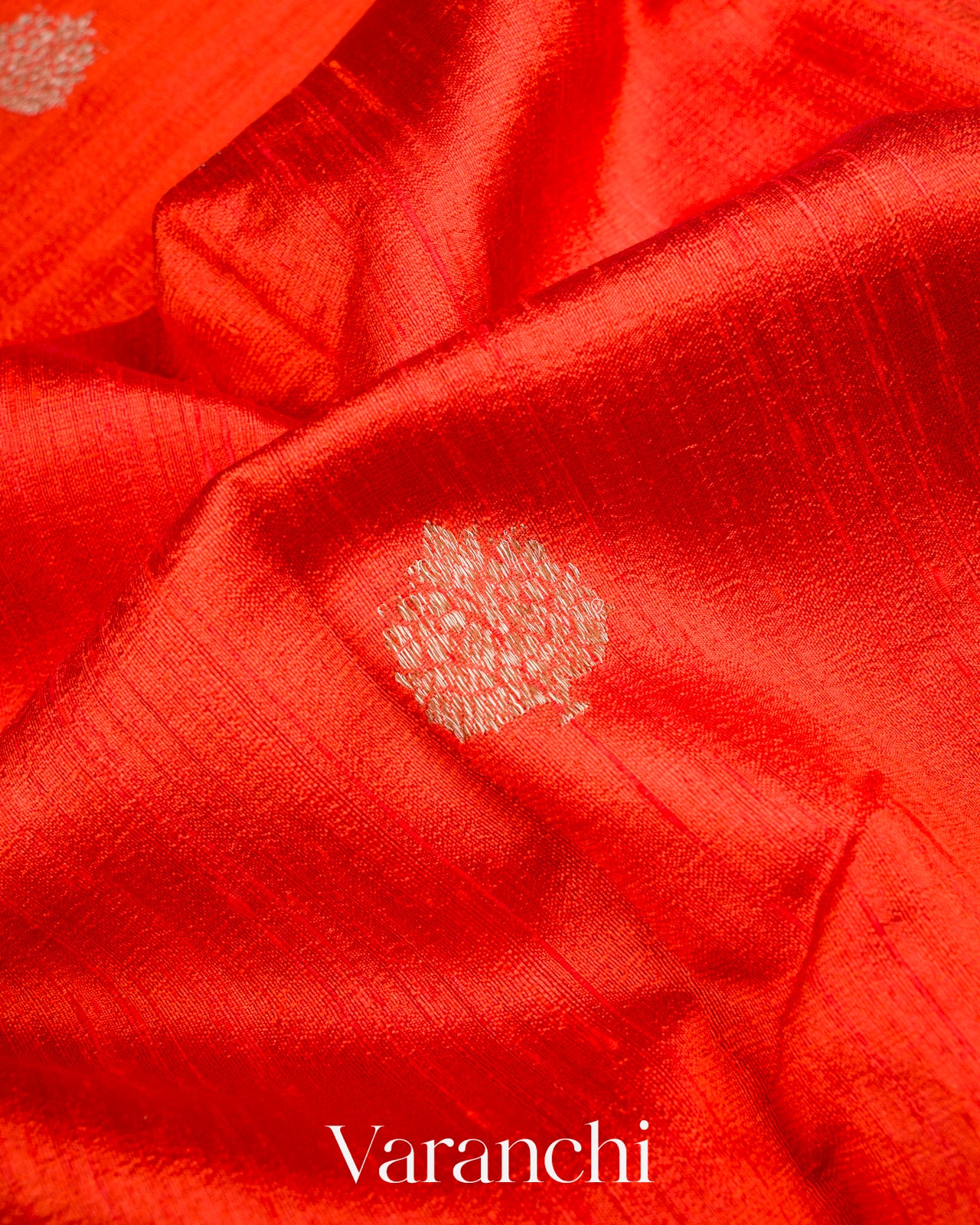 Bright Orange Pure Raw Silk Handloom Saree