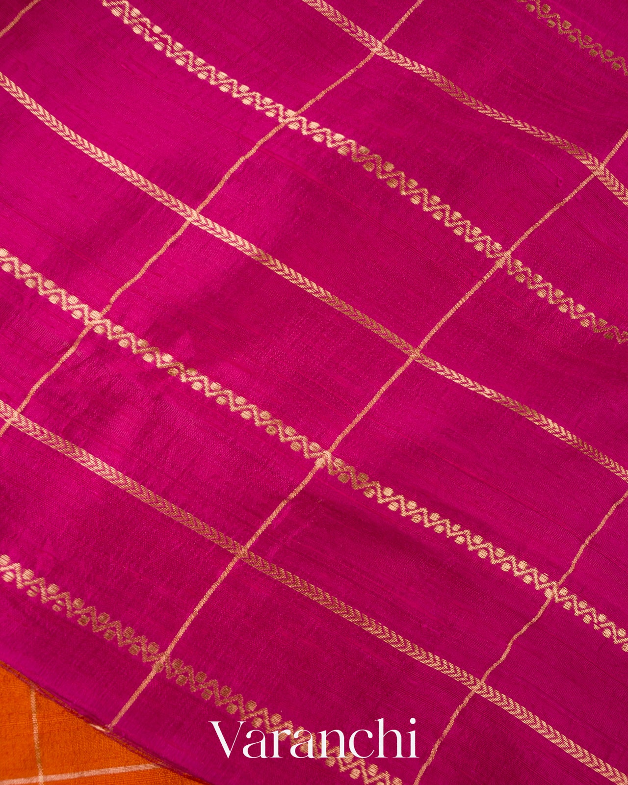 Bright Vermilion Orange Checks Raw Silk Handloom Saree  