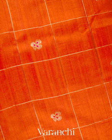 Bright Vermilion Orange Checks Raw Silk Handloom Saree  