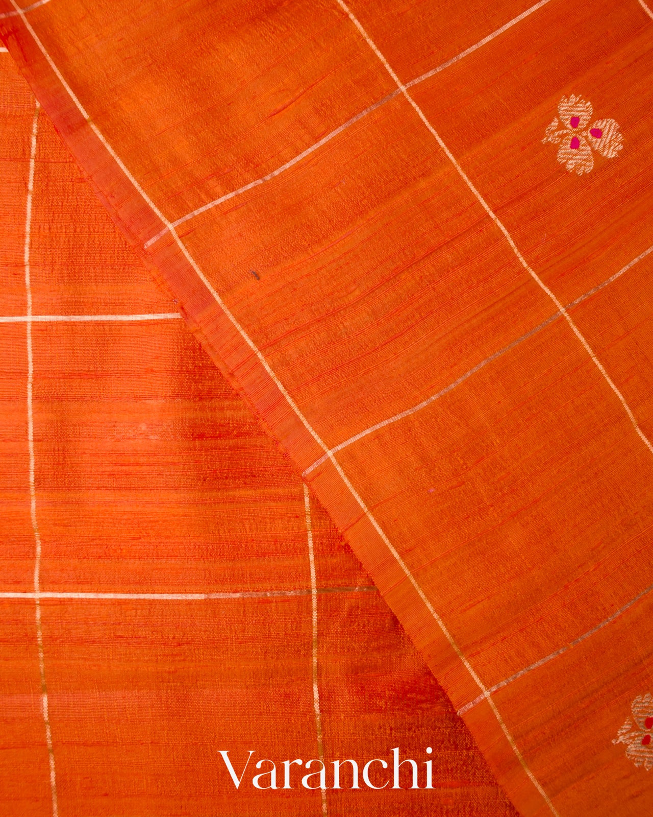 Bright Vermilion Orange Checks Raw Silk Handloom Saree  