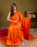 Bright Vermilion Orange Checks Raw Silk Handloom Saree  