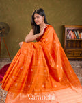 Bright Vermilion Orange Checks Raw Silk Handloom Saree  