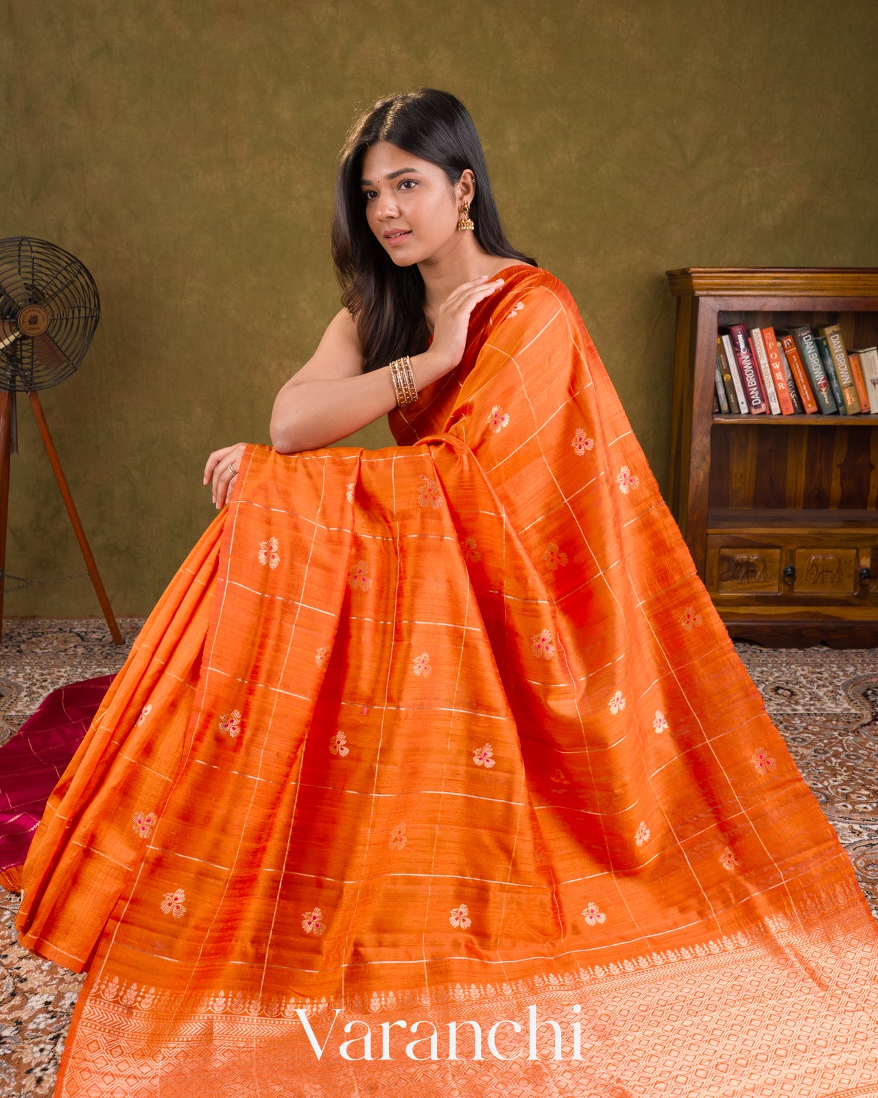 Bright Vermilion Orange Checks Raw Silk Handloom Saree  