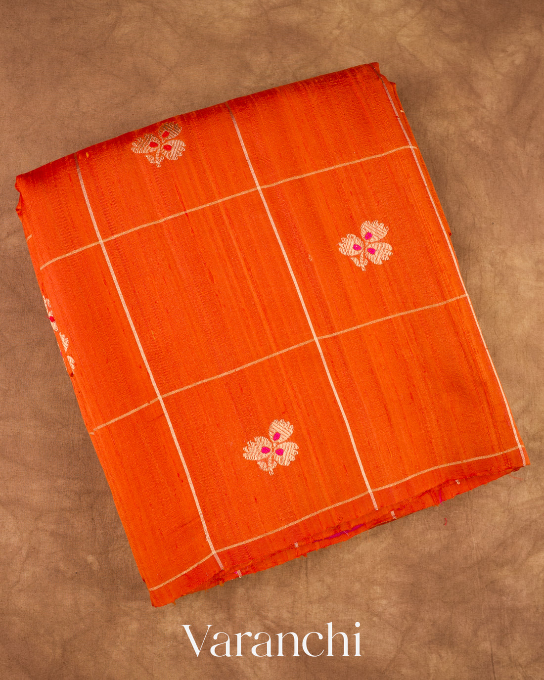 Bright Vermilion Orange Checks Raw Silk Handloom Saree  