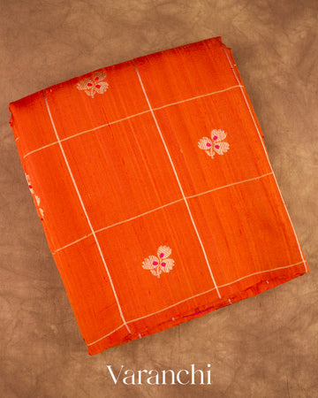 Bright Vermilion Orange Checks Raw Silk Handloom Saree  