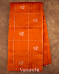 Bright Vermilion Orange Checks Raw Silk Handloom Saree  