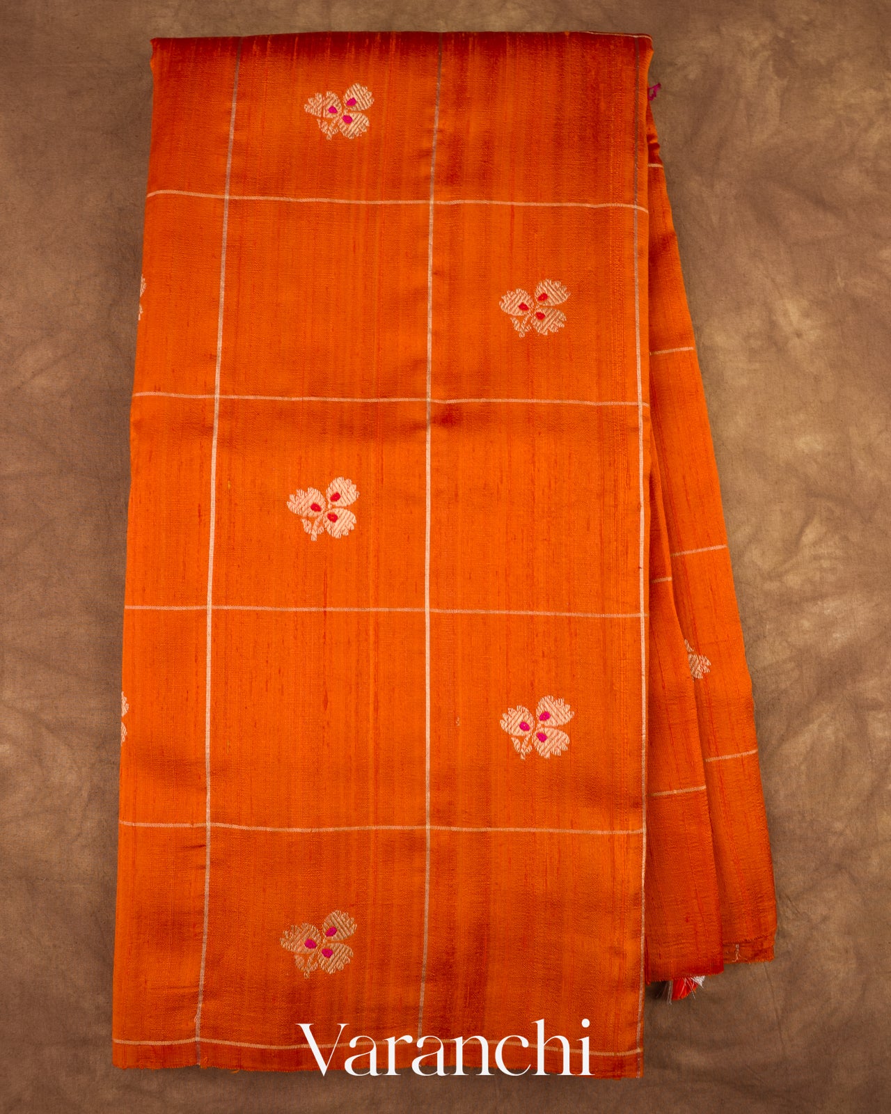 Bright Vermilion Orange Checks Raw Silk Handloom Saree  