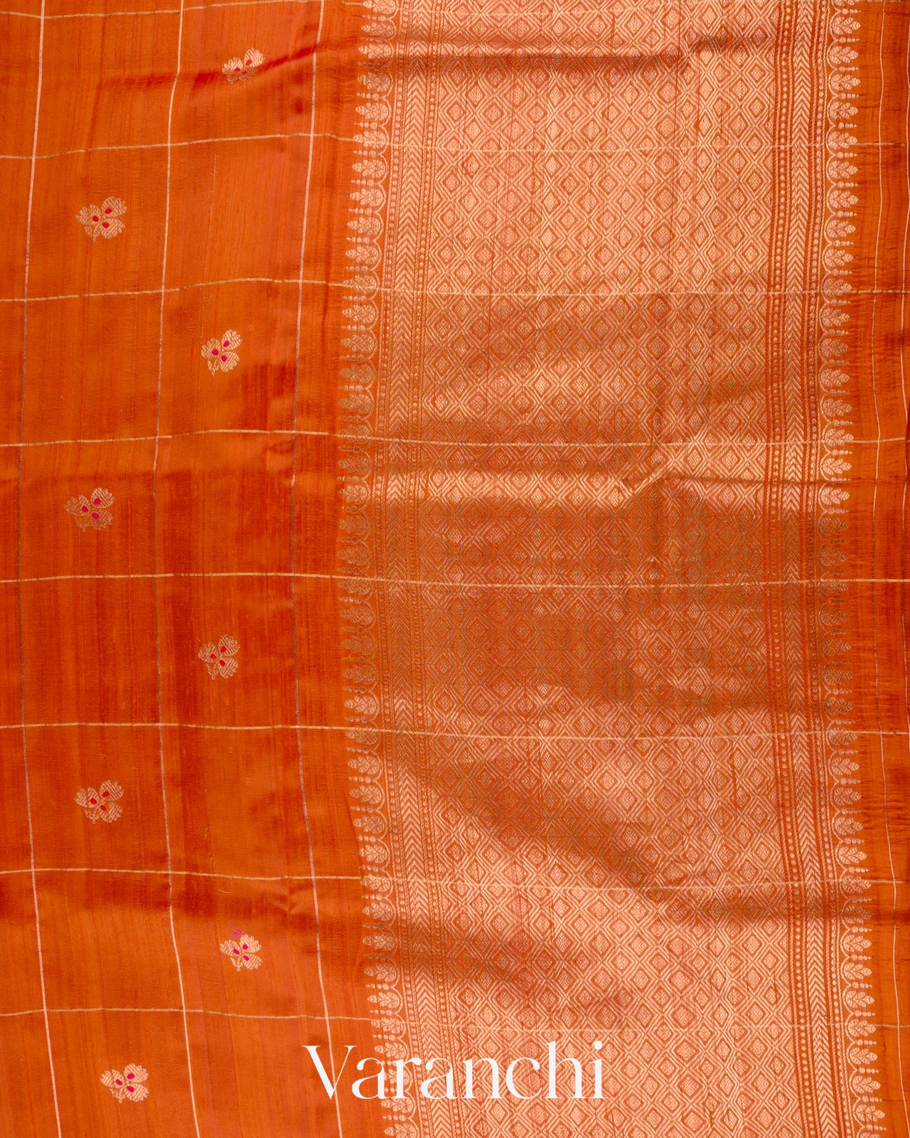 Bright Vermilion Orange Checks Raw Silk Handloom Saree  