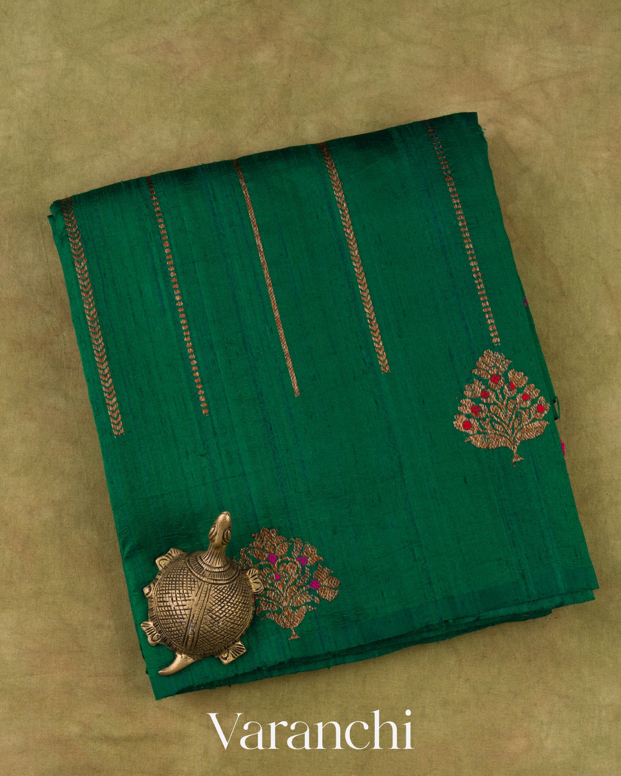 Deep Teal Borderless Striped Pure Raw Silk Handloom Saree