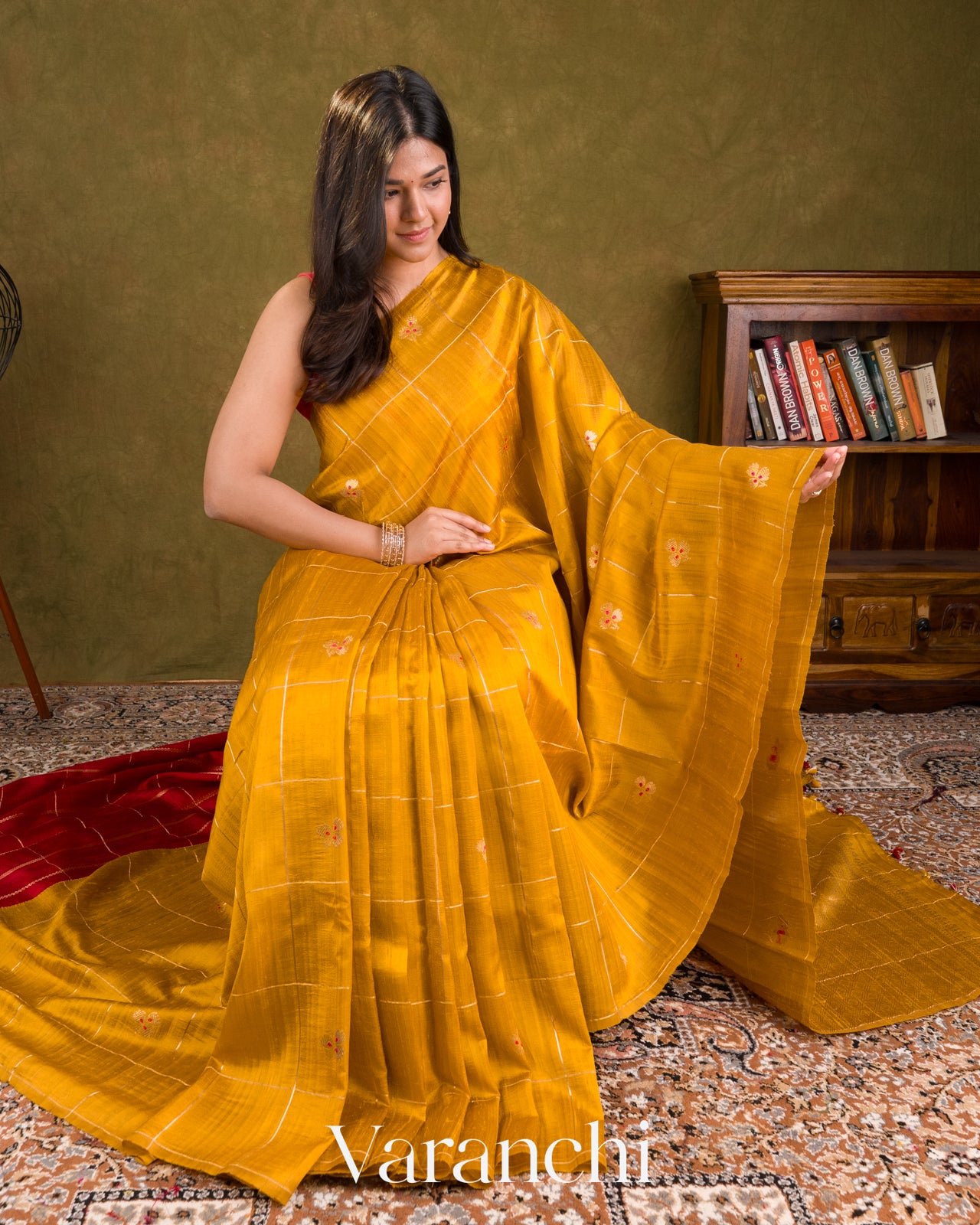 Turmeric Yellow Checks Raw Silk Handloom Saree