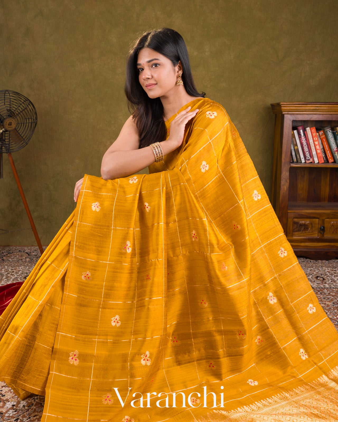 Turmeric Yellow Checks Raw Silk Handloom Saree