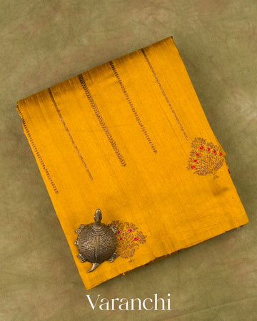 Mustard Yellow Borderless Striped Pure Raw Silk Handloom Saree