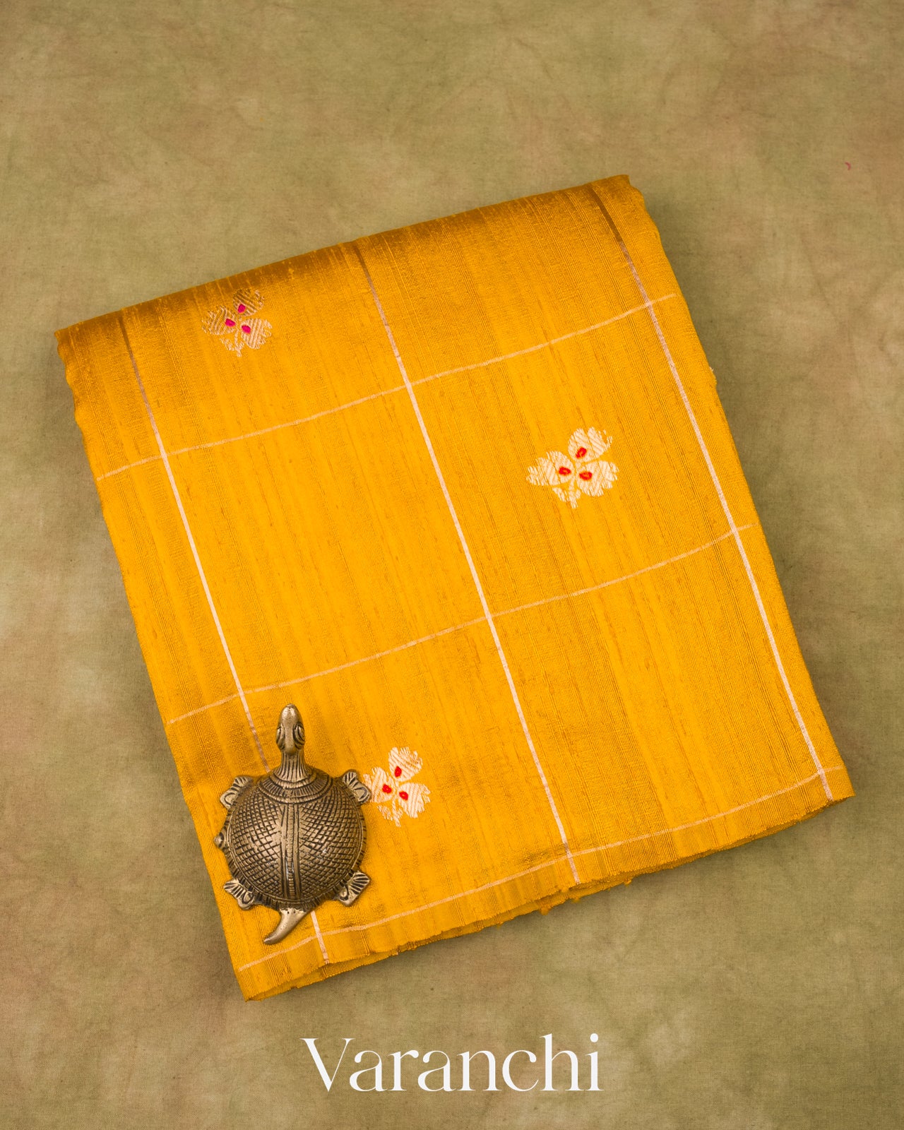Mustard Yellow Checks Raw Silk Handloom Saree 