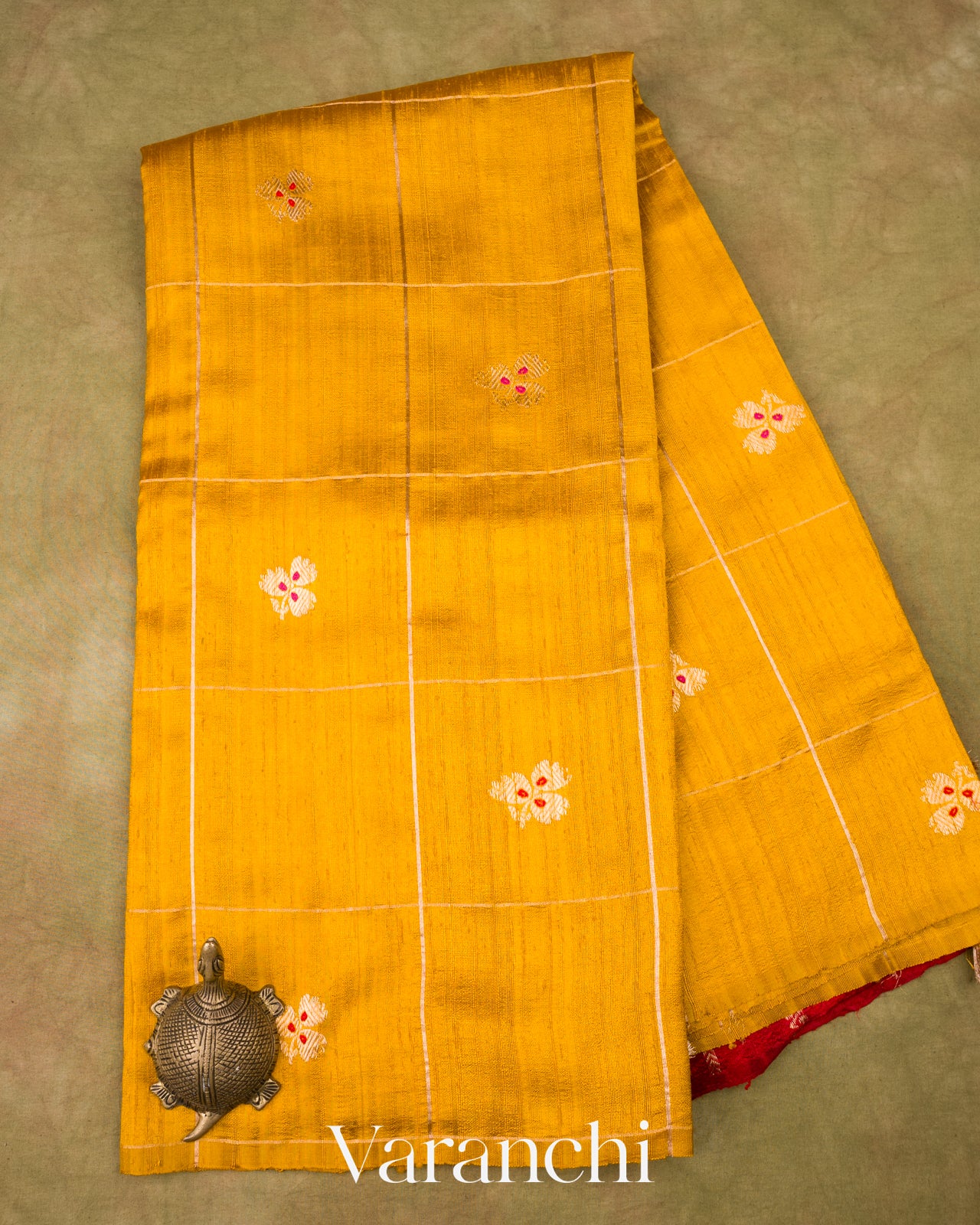 Mustard Yellow Checks Raw Silk Handloom Saree 