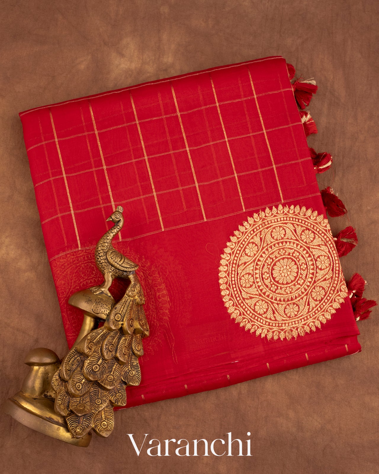 Red Checks Pure Kora Silk Handloom Saree