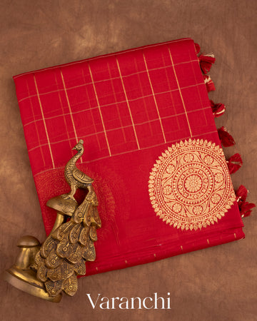 Red Checks Pure Kora Silk Handloom Saree