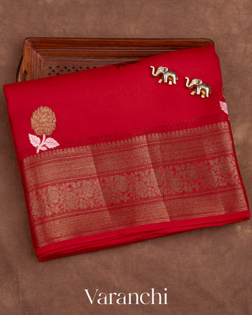 Crimson Red Pure Kora Silk Handloom Saree