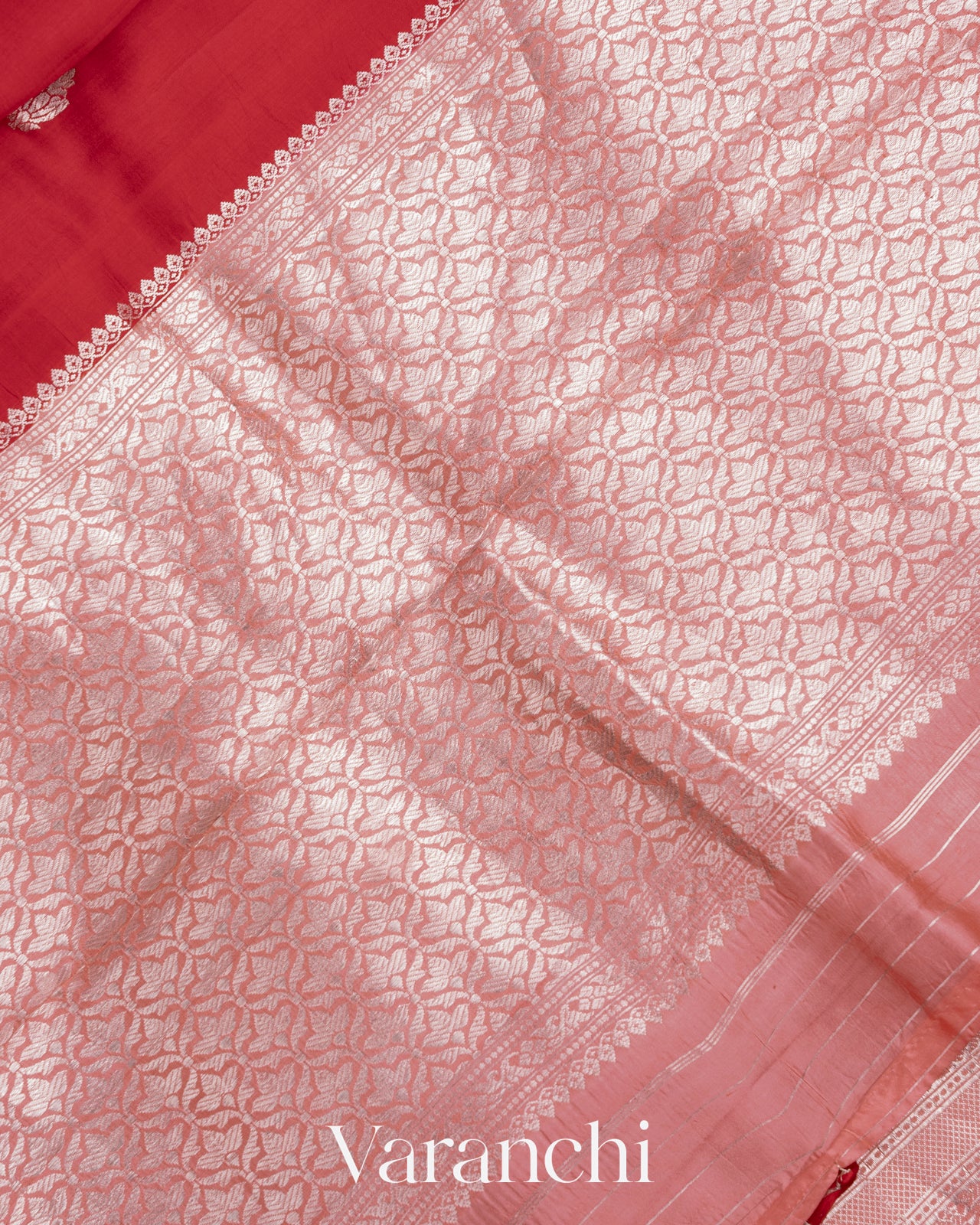 Red and Peachy Pink Pure Raw Mango Silk Handloom Saree