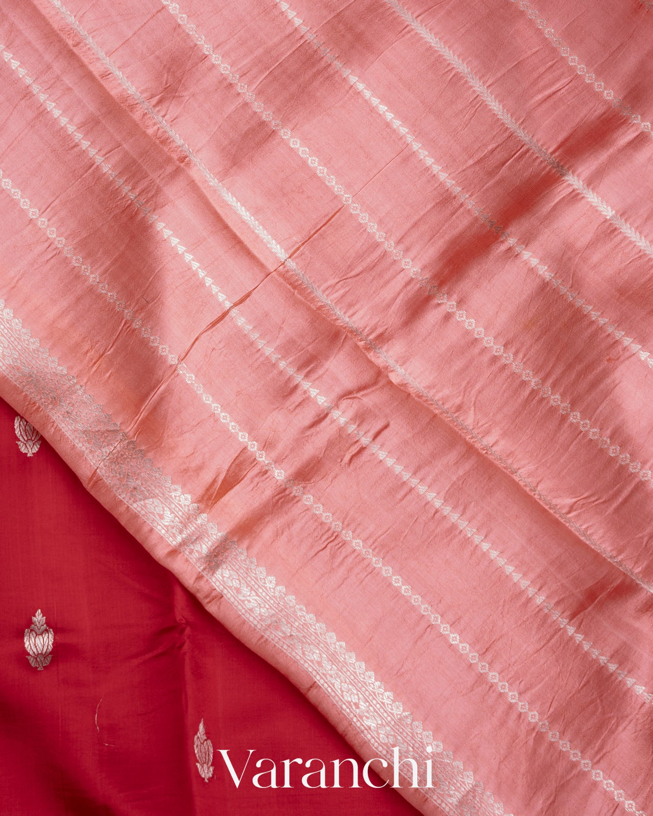 Red and Peachy Pink Pure Raw Mango Silk Handloom Saree