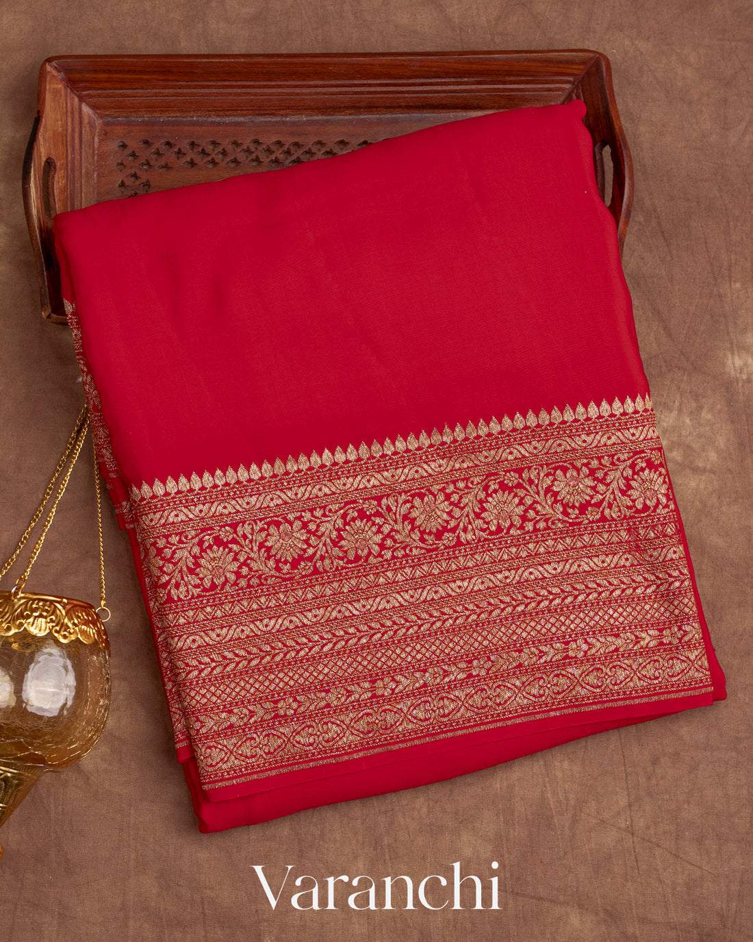 Bright Red Crepe Silk Saree