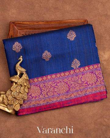 Midnight Blue Pure Dupion Silk Handloom Saree