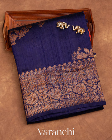 Navy Blue Lehariya Pure Raw Silk Handloom Saree