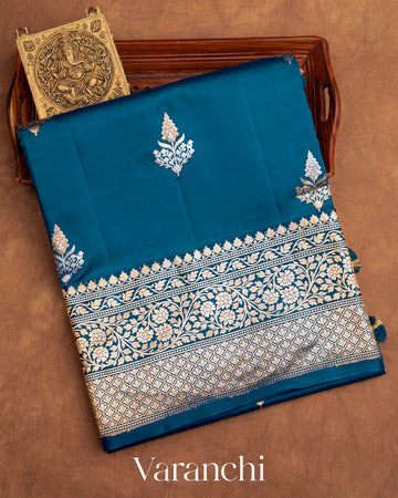 Prussian Blue Pure Raw Mango Silk Handloom Saree