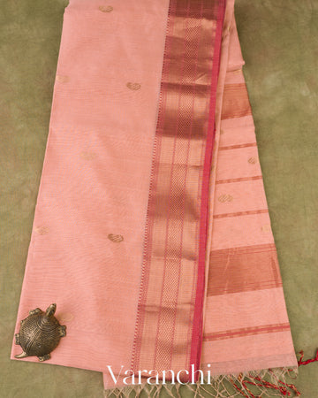 Blush Peach Pure Maheswari Silk Cotton Handloom Saree