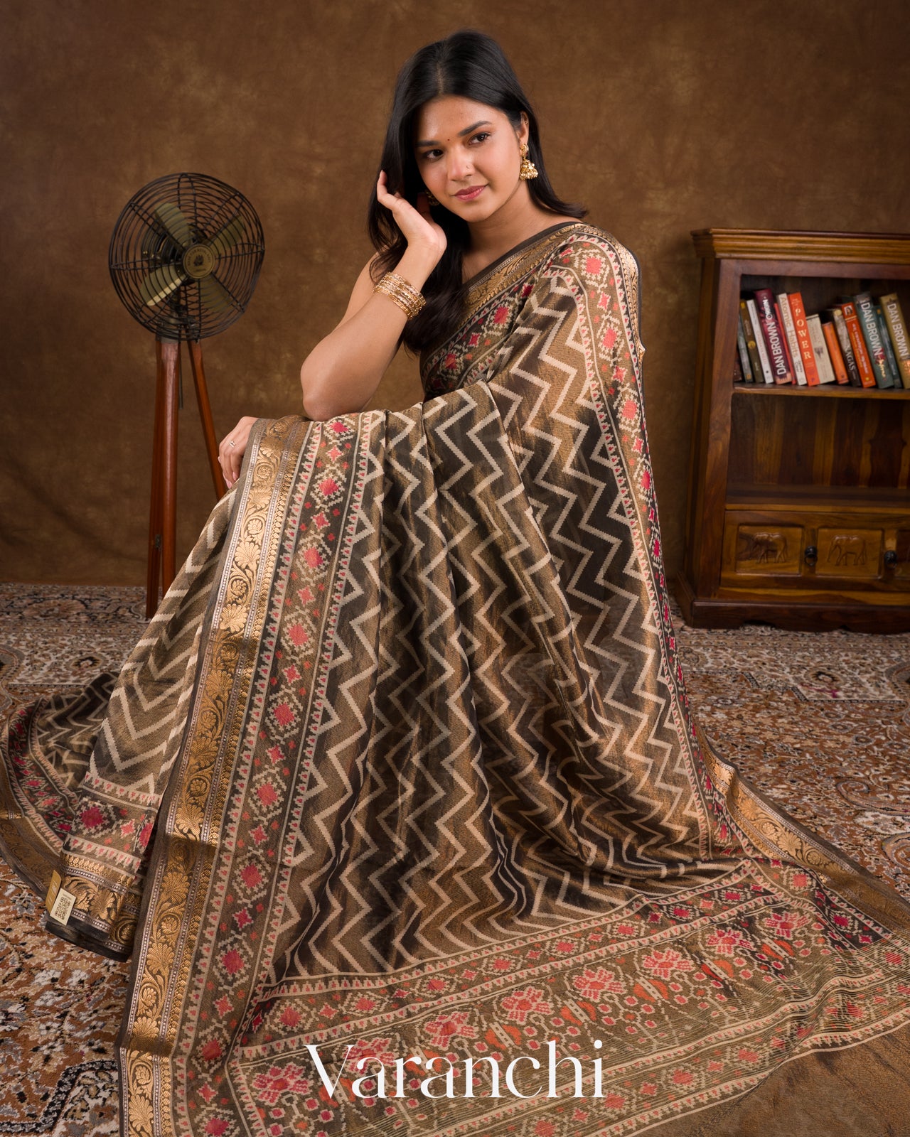 Deep Coffee Brown Patola Printed Pure Silk Cotton Tissue Saree 