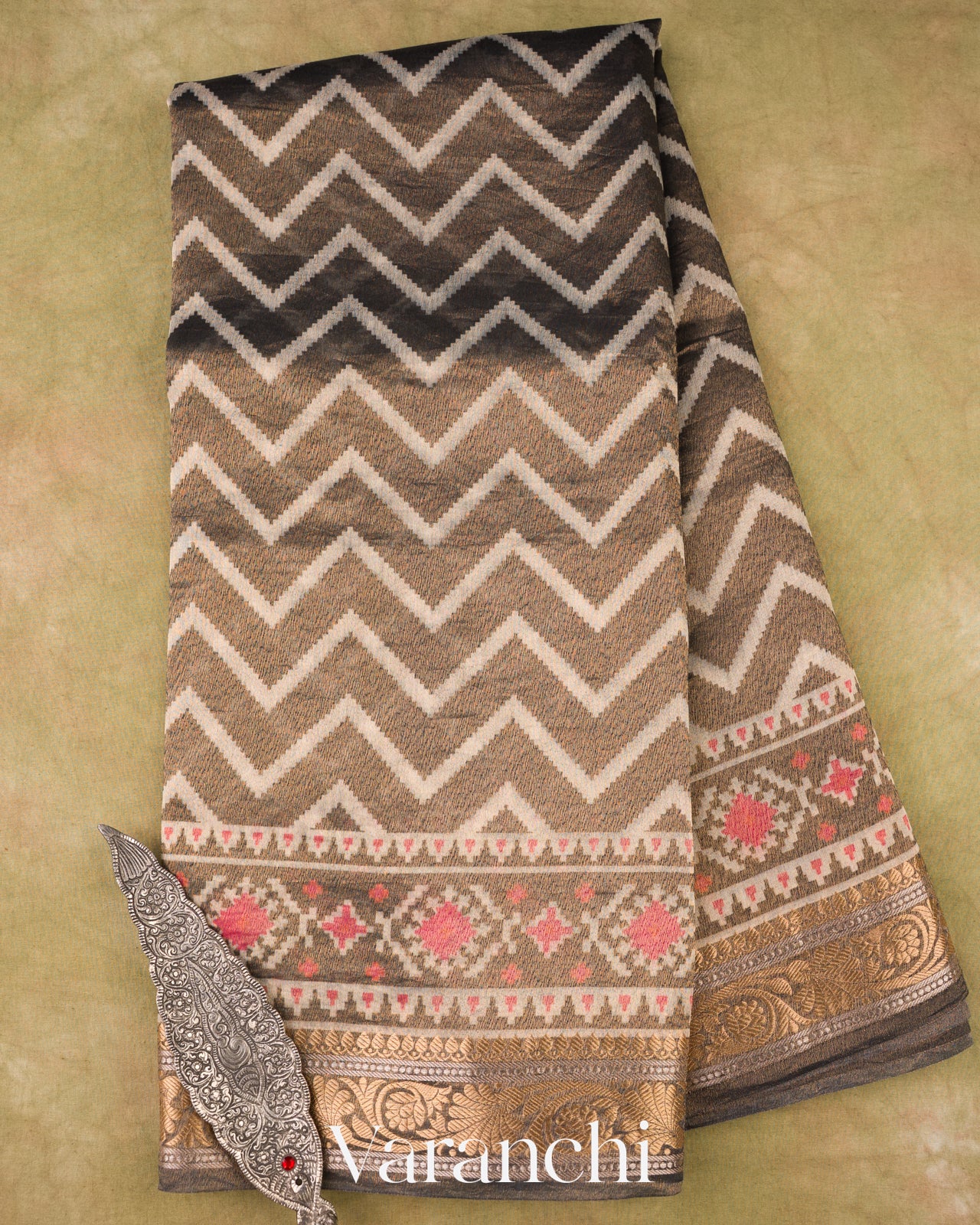 Deep Coffee Brown Patola Printed Pure Silk Cotton Tissue Saree 
