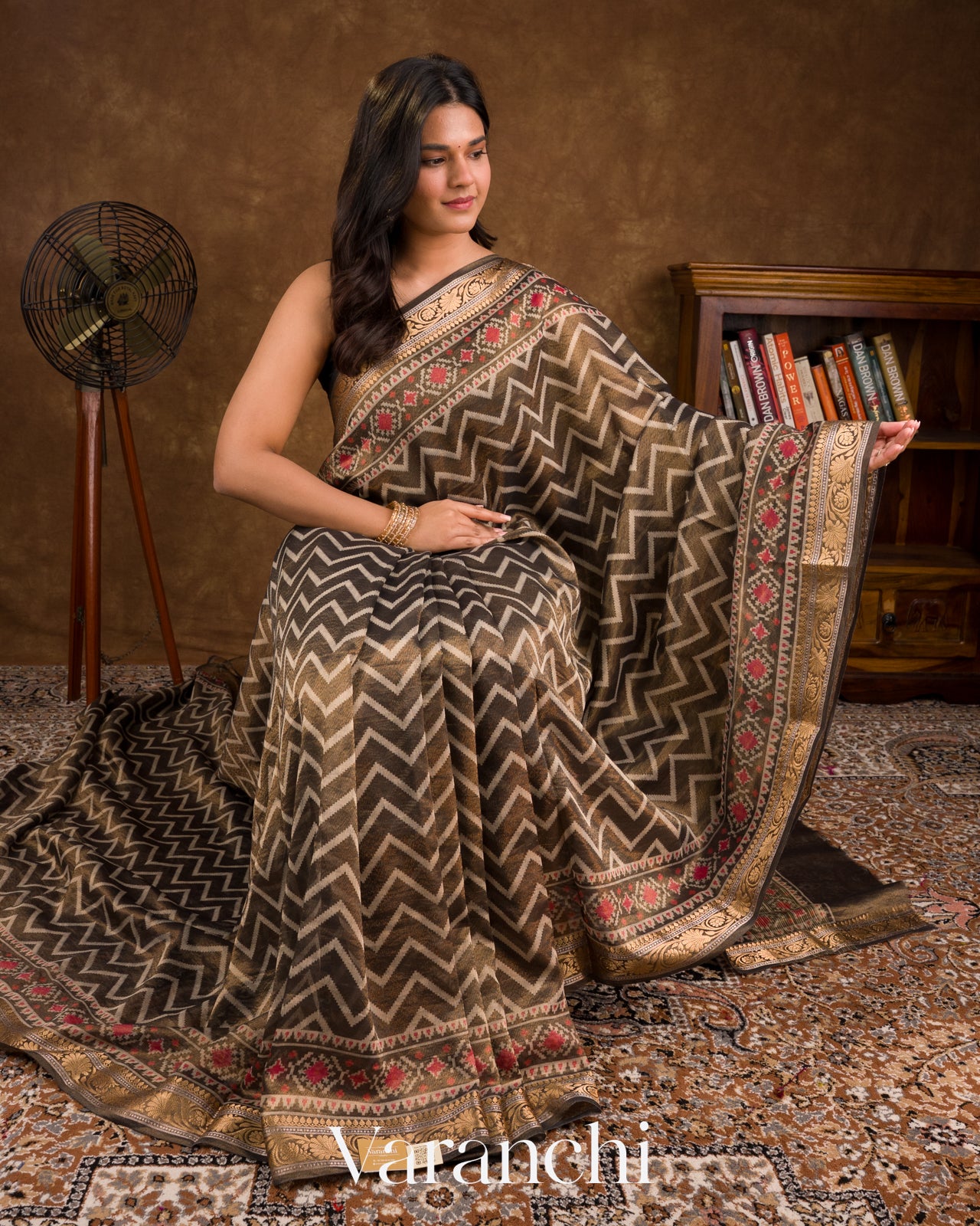 Deep Coffee Brown Patola Printed Pure Silk Cotton Tissue Saree 