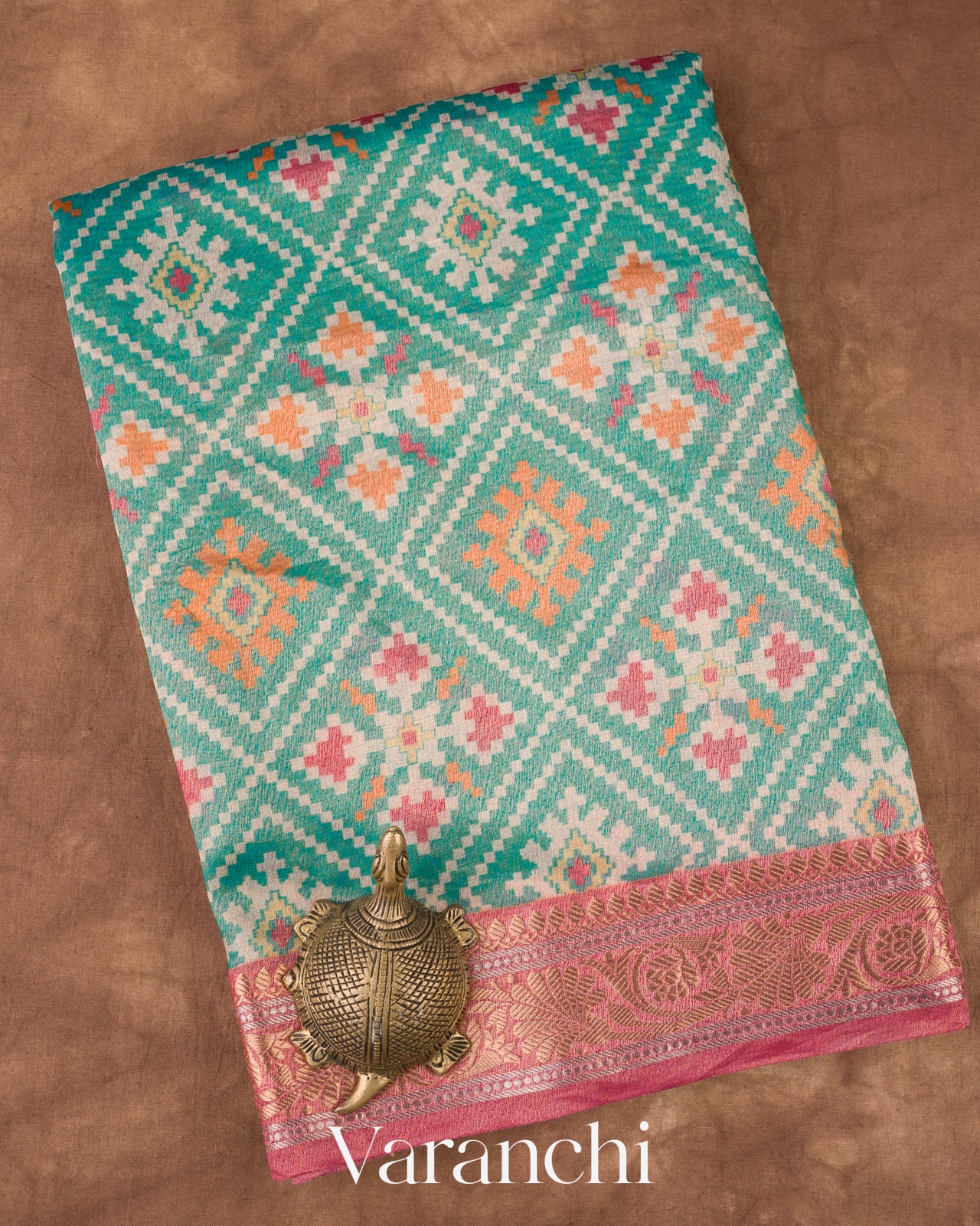 Turquoise Green Patola Printed Pure Silk Cotton Tissue Saree