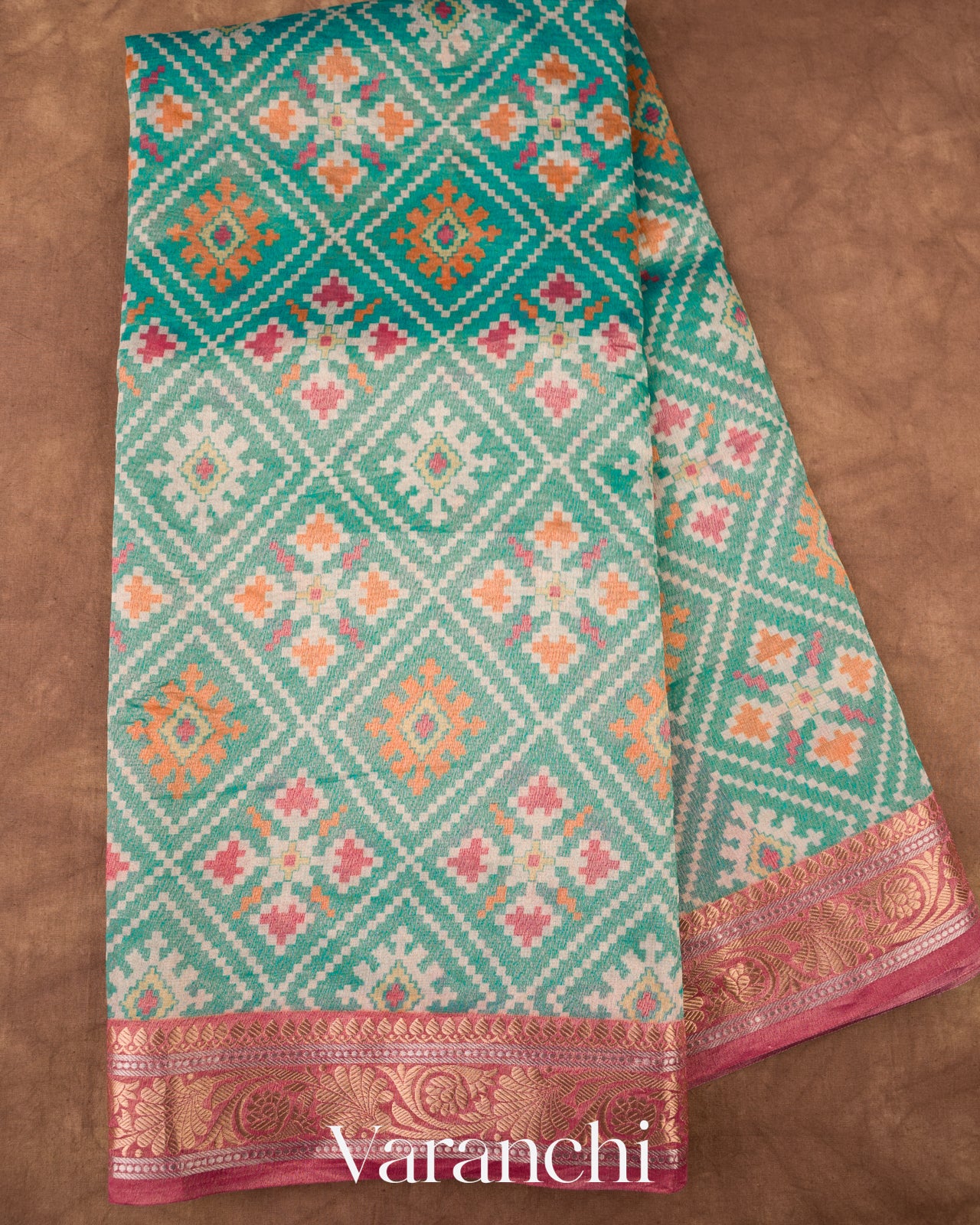 Turquoise Green Patola Printed Pure Silk Cotton Tissue Saree