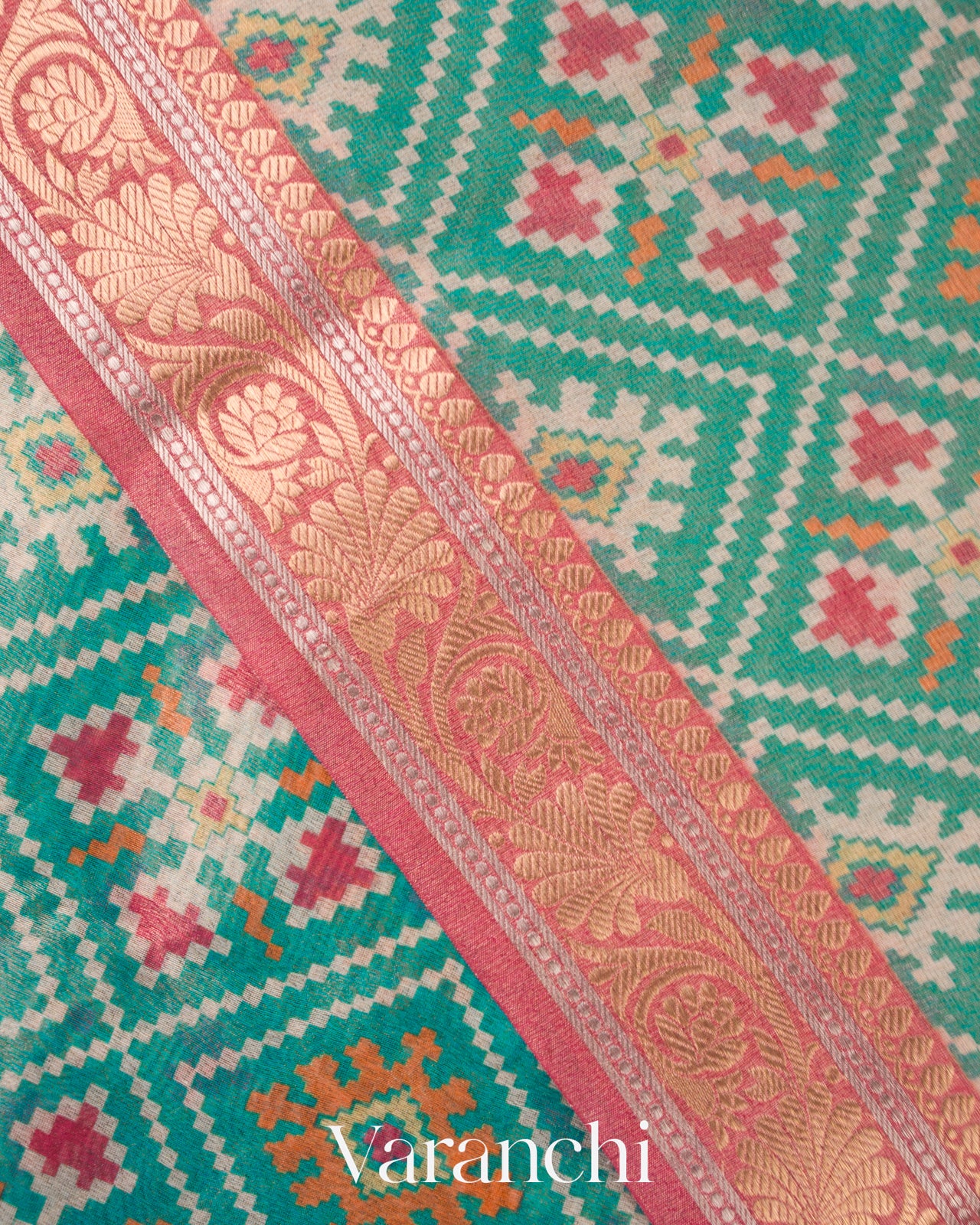 Turquoise Green Patola Printed Pure Silk Cotton Tissue Saree