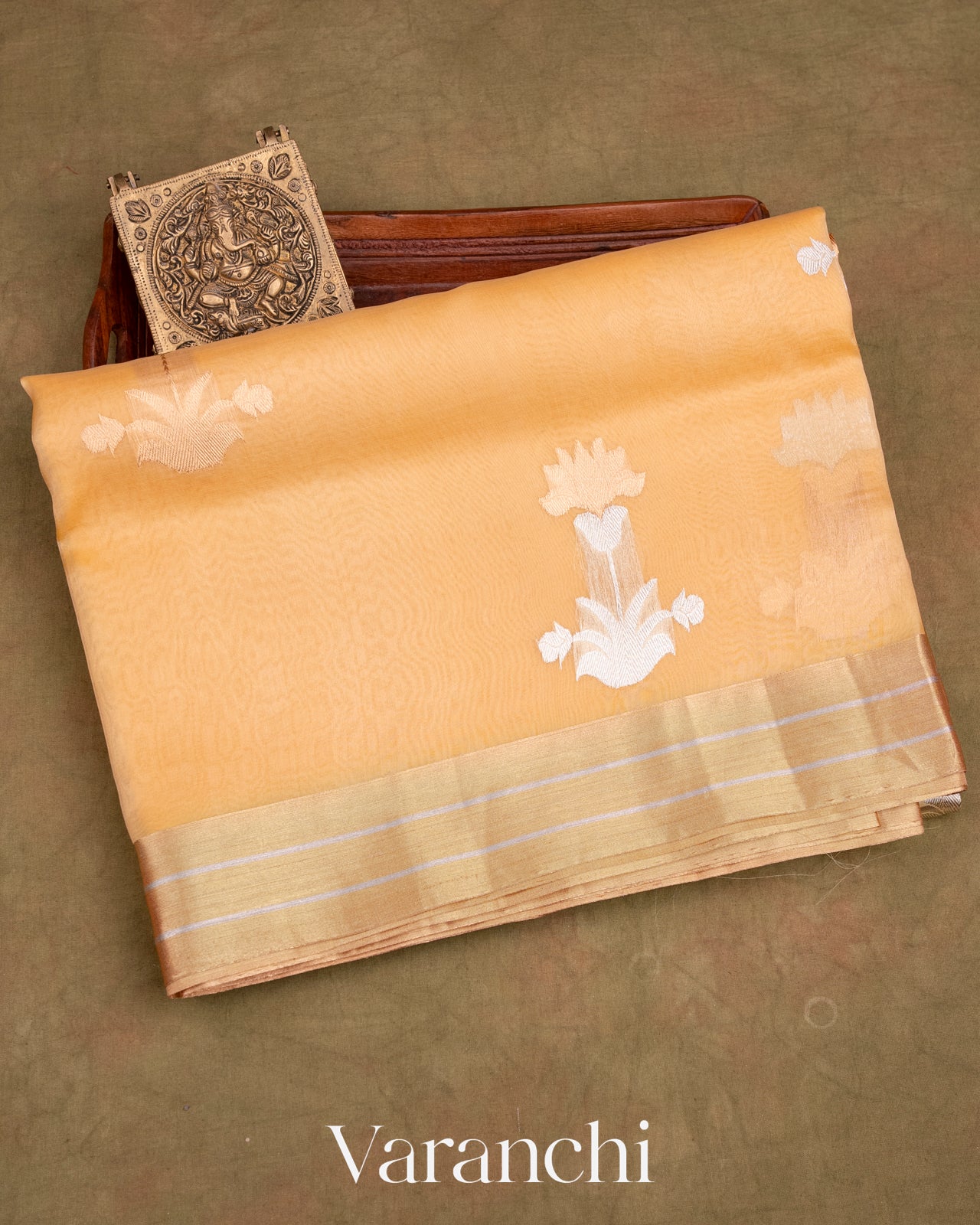 Sandalwood Yellow Pure Tissue Kora Silk Handloom Saree