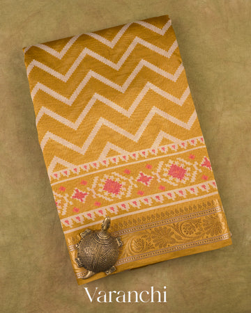 Mustard Yellow Patola Printed Pure Silk Cotton Tissue Saree