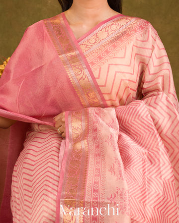 Light Pink Digital Printed Pure Silk Cotton Tissue Saree