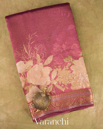 Wine Pink Floral Printed Pure Silk Cotton Tissue Saree 