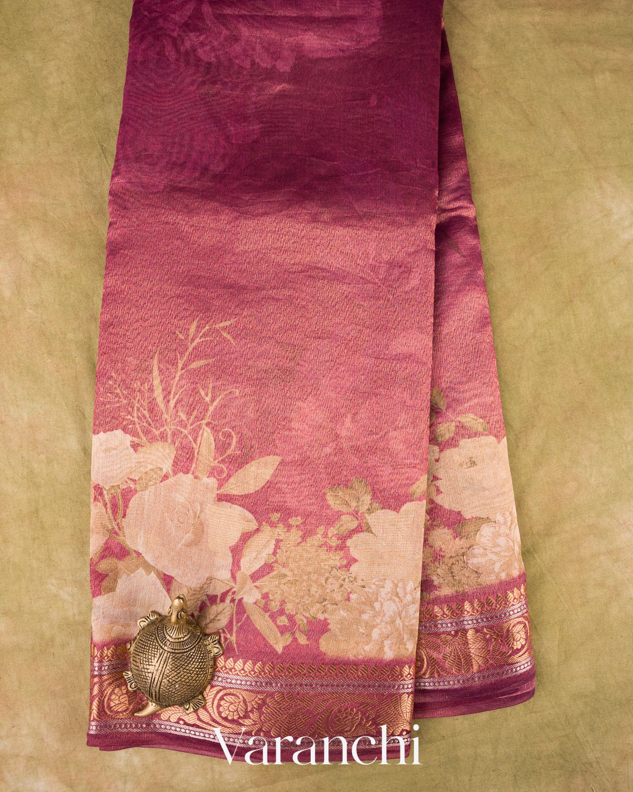 Wine Pink Floral Printed Pure Silk Cotton Tissue Saree 