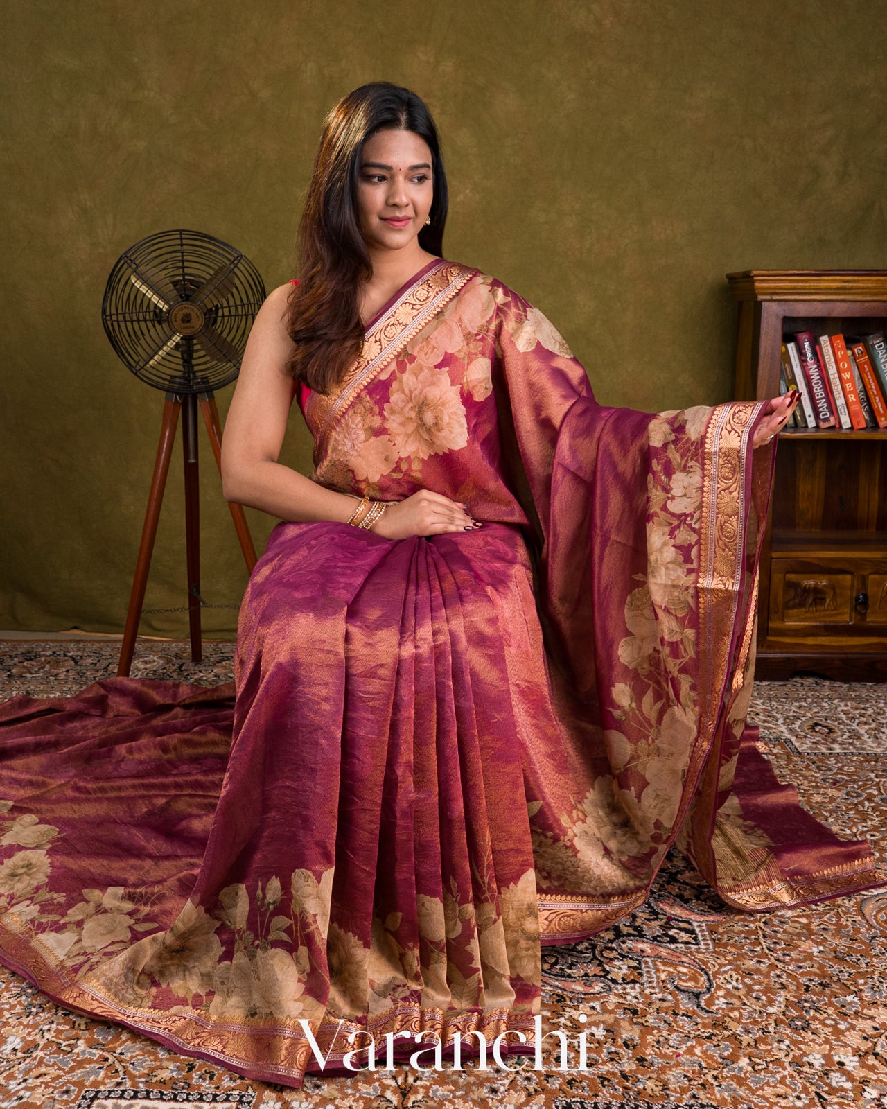 Wine Pink Floral Printed Pure Silk Cotton Tissue Saree 