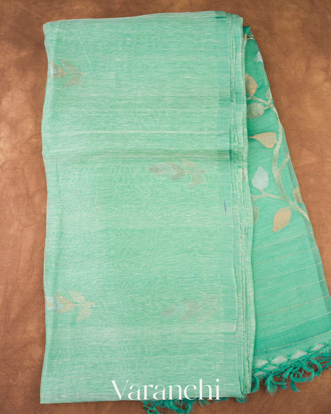Aqua Green Jamdani Pure Silk Linen Handloom Saree