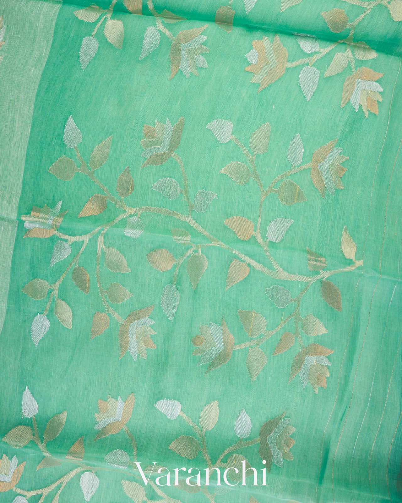 Aqua Green Jamdani Pure Silk Linen Handloom Saree